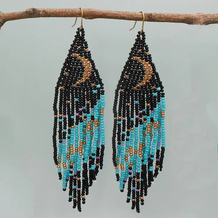 Crescent Moon - popular Indigenous Fringe Earrings