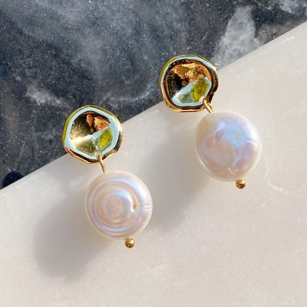 Golden Shell Pearl Drop Earrings